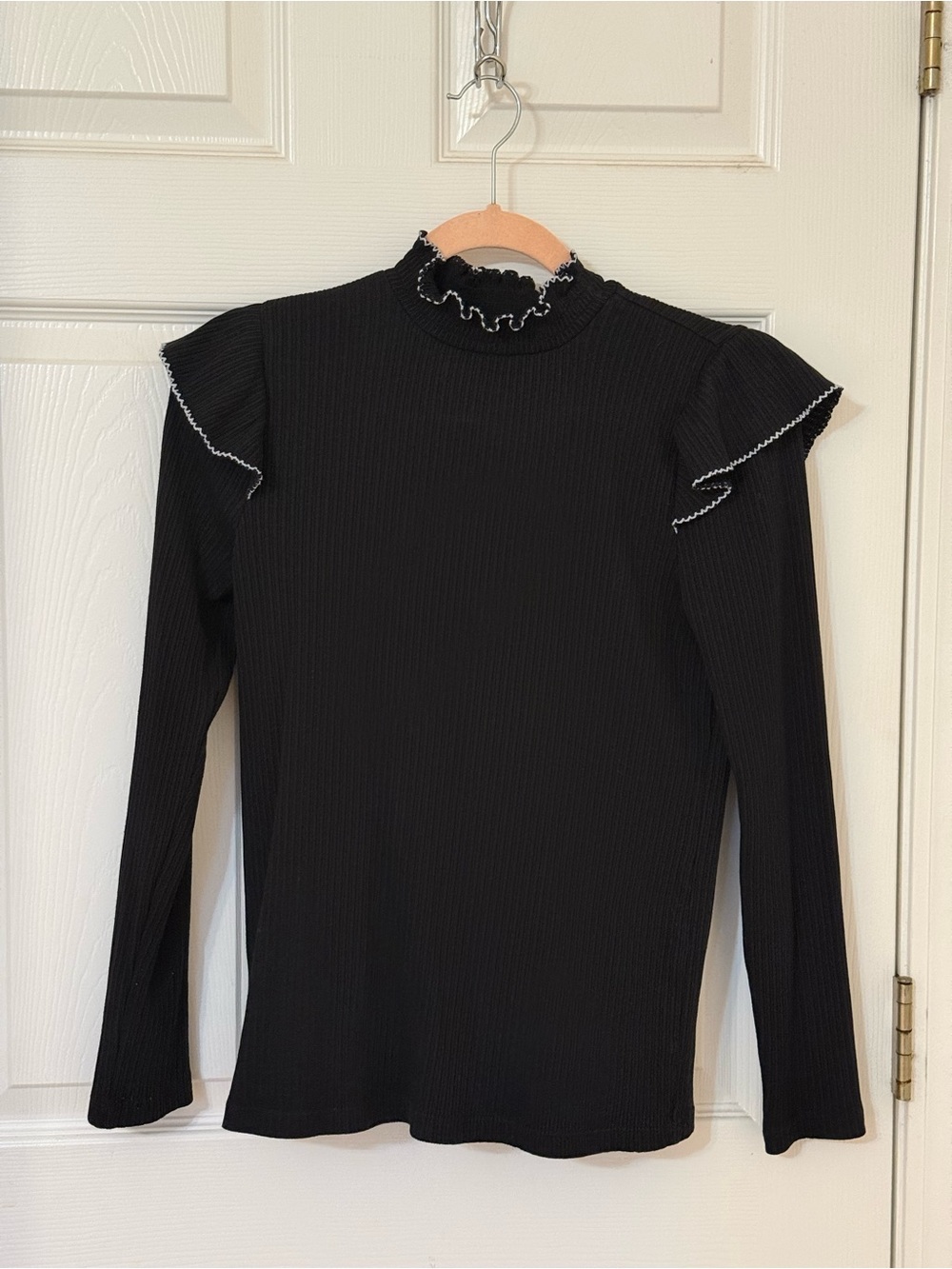 LOFT Black Long-Sleeve Ruffle Trim High-Neck Top